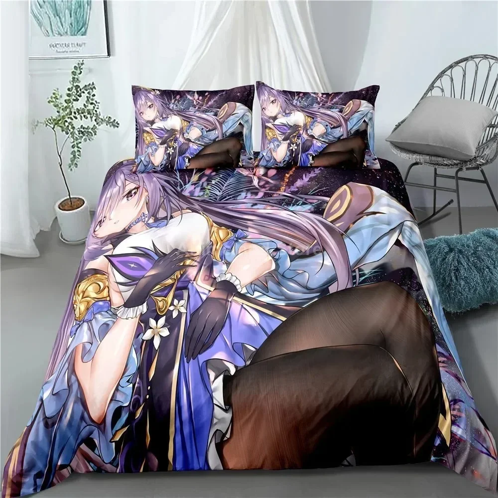 Keqing conjunto de cama genshin impacto jogo 3d impressão roupa cama colcha macio conjuntos capa edredão decoração do quarto casa rainha rei tamanho roxo