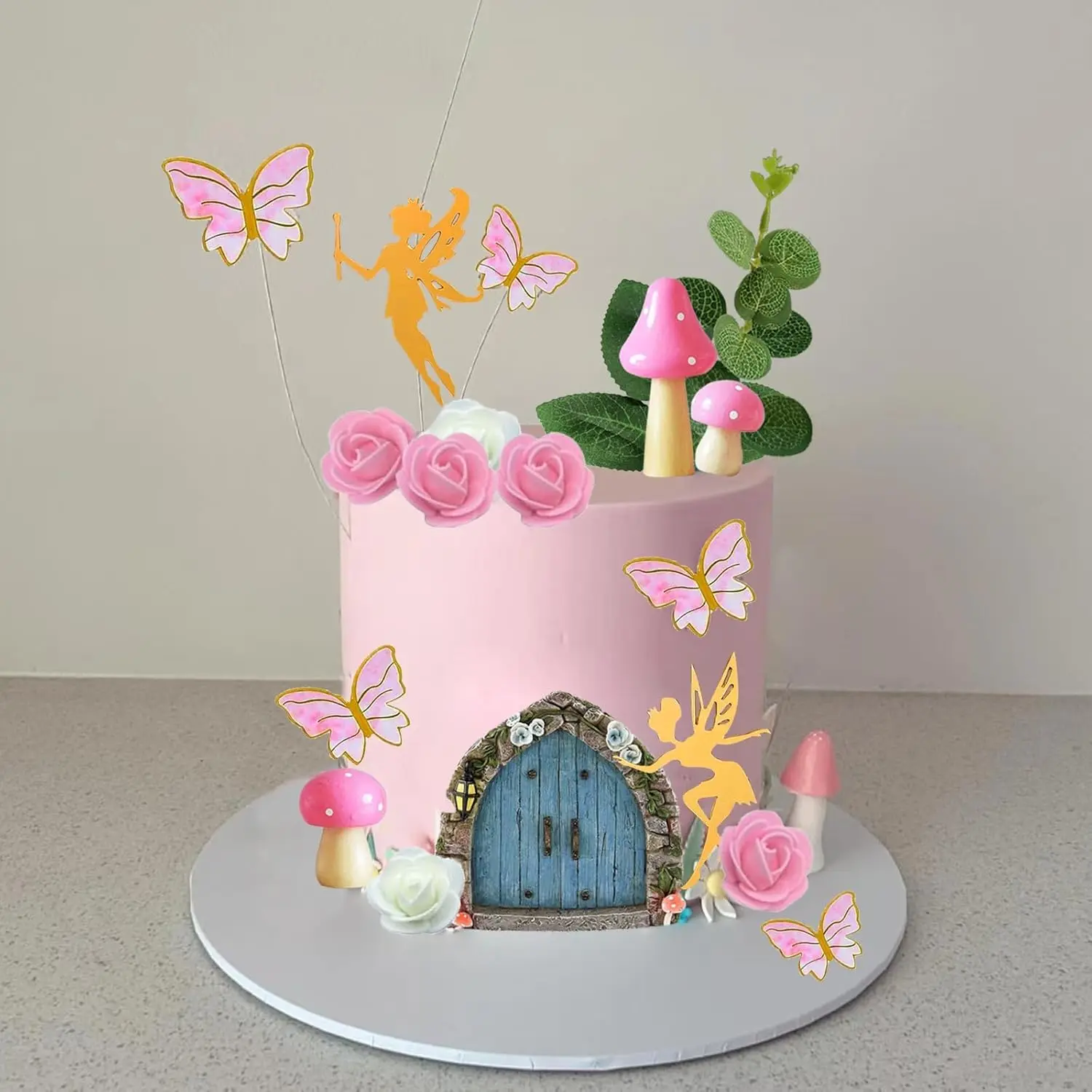 Fairy Cake Toppers Butterfly Cake Decorations Pink Mushroom Door Flowers Cake Decoration for Birthday Baby Shower Party Supplies