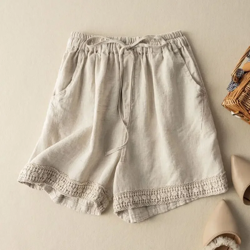 

Women Vintage Lace Patchwork High Waist Cotton Linen Short Pants Female Simple Casual Streetwear Loose Y2K Beach Shorts L53