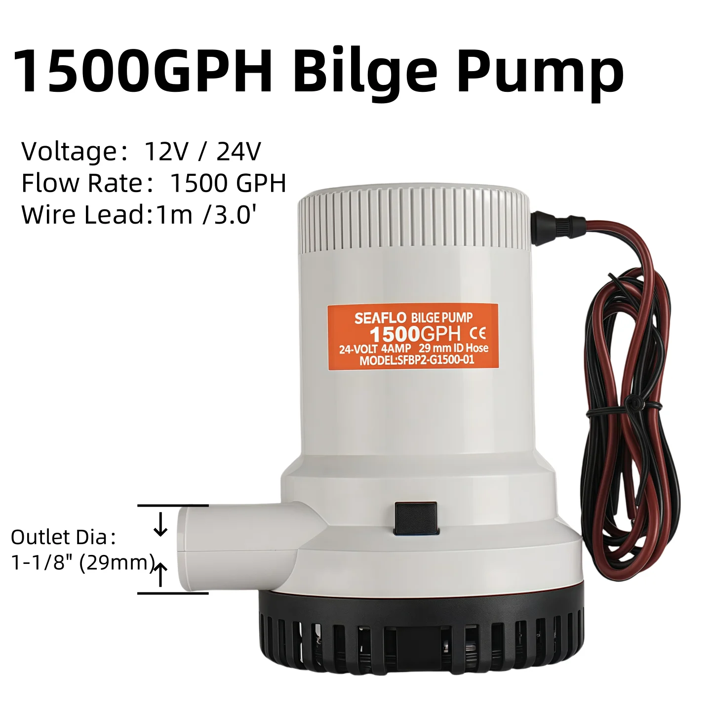 SEAFLO 1500GPH Bilge Pump 12V 24V Marine Boat Bilge Pump High Flow Water Pump Small Size Easy Clean Strainer