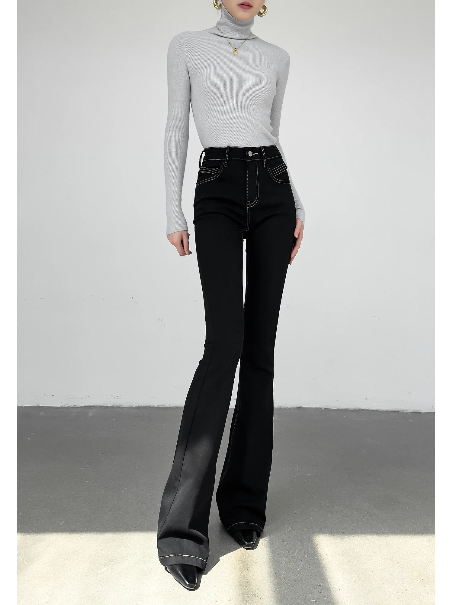 

Джинсы женские расклешенные с высокой талией, больших размеров, черные, утягивающие, с широкими штанинами, удлиненные, Cleanfit, для женщин среднего возраста