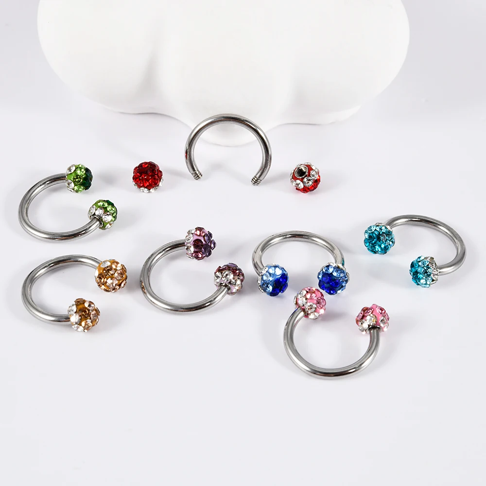 1PC Surgical Steel Colorful Crystal Ball Horseshoe External Thread Nose Ring Ear Cartilage Tragus Piercing Body Jewelry 16G