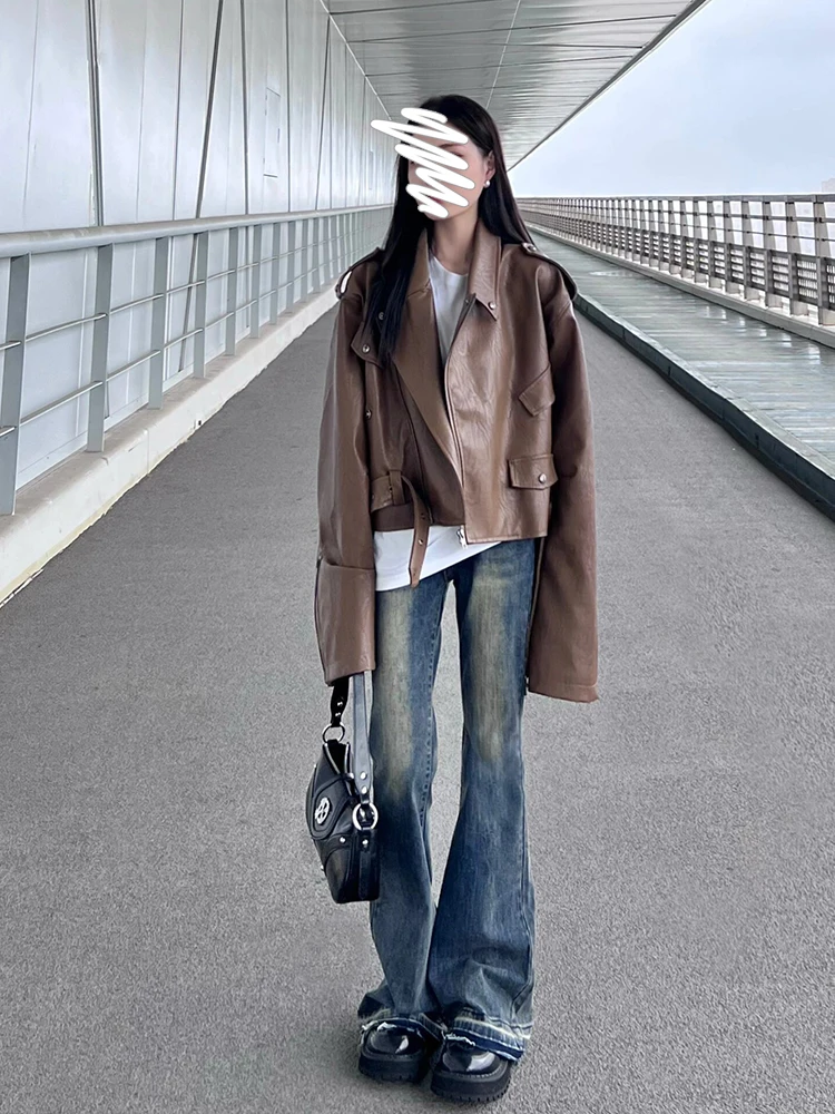 大きいサイズブラウンヘビーデューティーバイク用PUレザージャケットレディース秋冬オーバーサイズファッショナブルジャケットコート