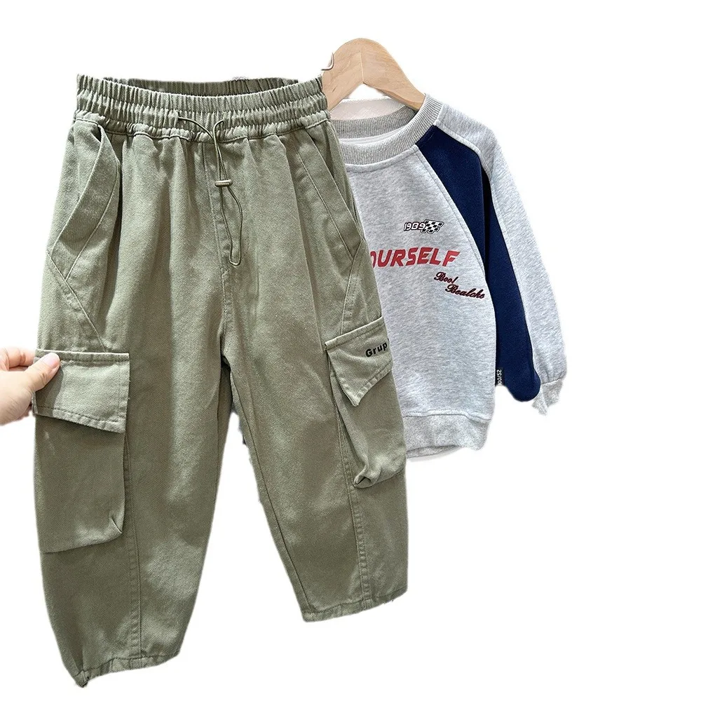 2024 Students Boys Cargo Pants Spring Autumn Drawstring Solid Pockets Kid Boys Trousers Casual Letter Children Boys Jogger Pants