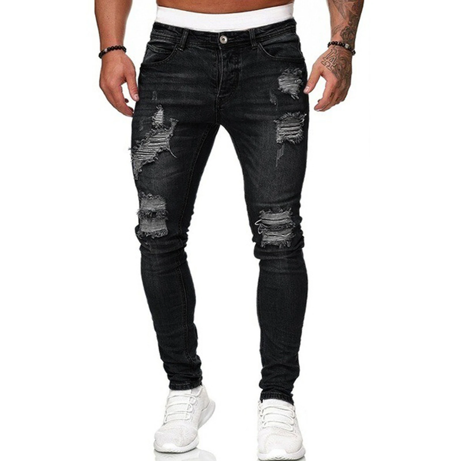 Men Casual Ripped Hole Jeans Middle Waist Pencil Denim Trousers Hip Hop Jogging Fitness Pants