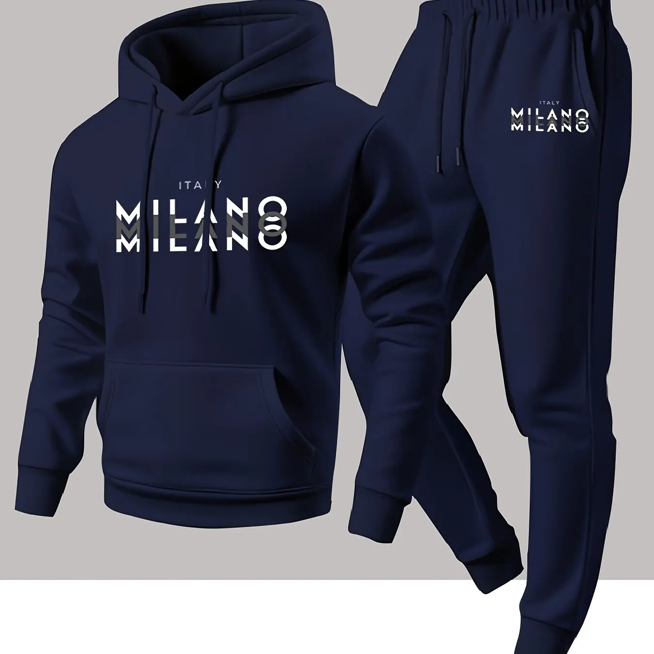 Trendy Men's Italian Milan Letter Pattern Hooded Sweatshirt and Athletic Pants Casual Sports Set Men's Clothing Sets