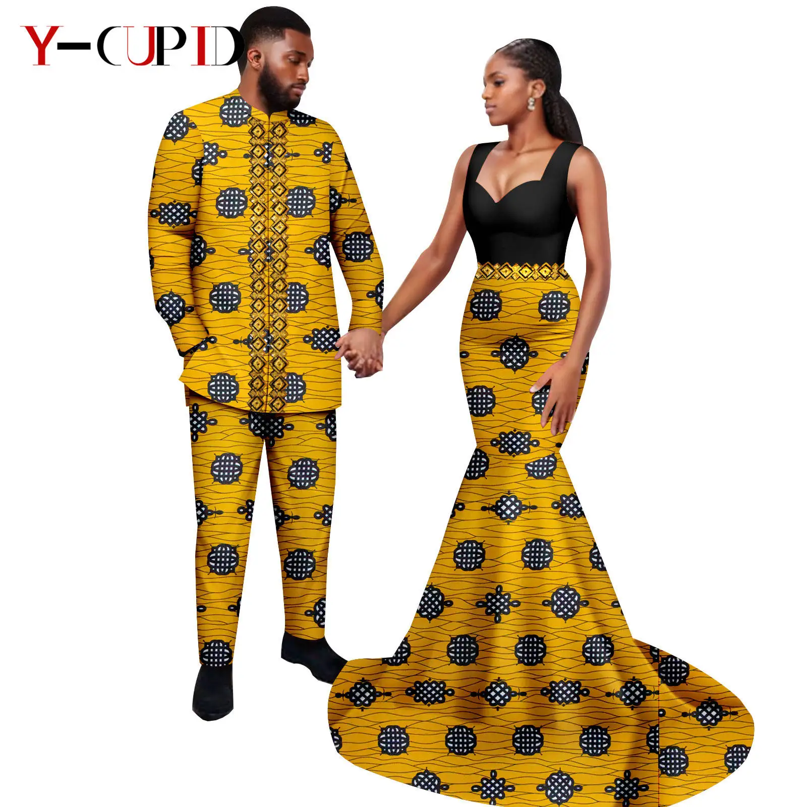 African Print Long Mermaid Dresses for Women Matching Couple Clothes Dashiki Men Outfits Appliques Top and Pant Sets 24C083