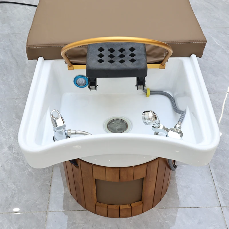 High Quality Salon Furniture Brown Massage Table Head Spa Shampoo Bed Hair Salon Washing Chair Pedicure Chair with Foot Tub