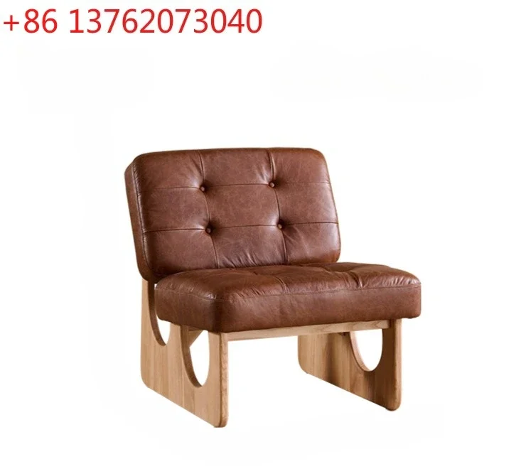 Nordic medieval retro style caramel color oil wax leather full leather single sofa solid wood leisure chair