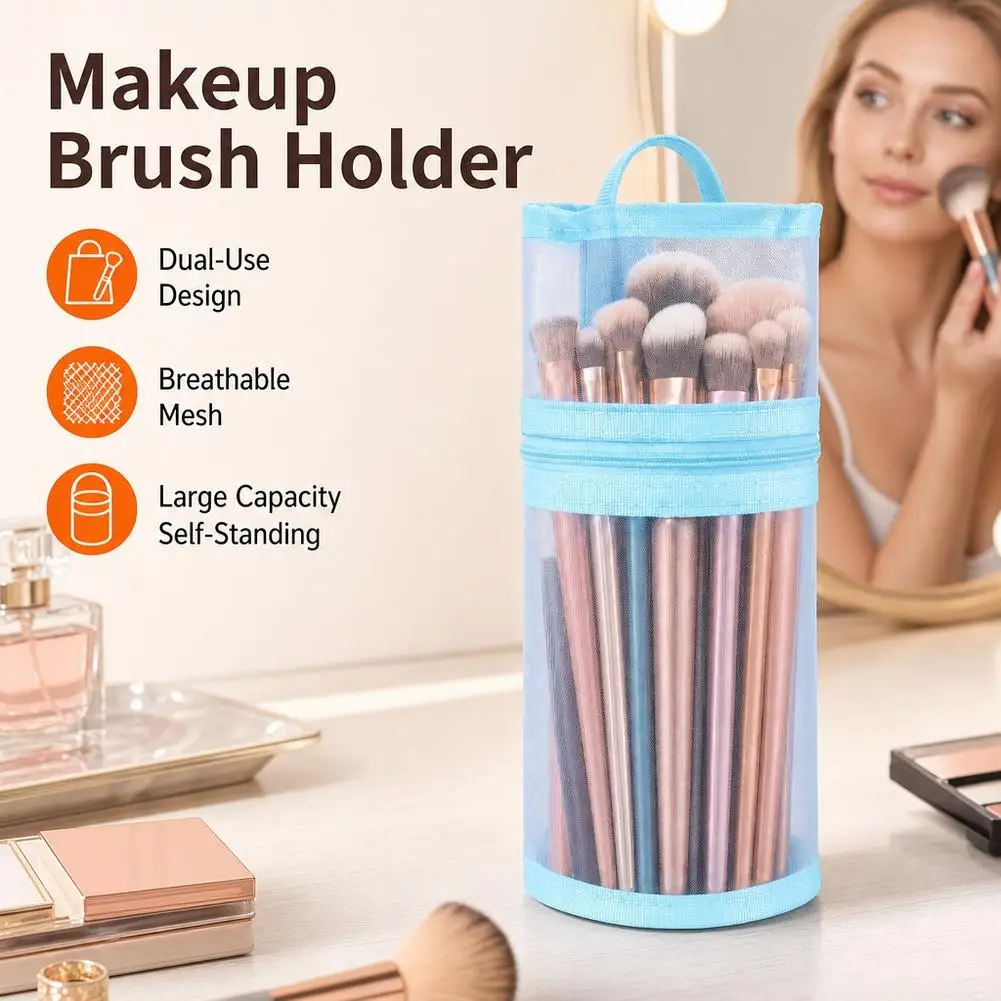 Dual-use Storage Bag Standing Makeup Organizer Bag Mesh Clear  Pencil Case Makeup Brush Storage Pouch  Breathable Toilet bag