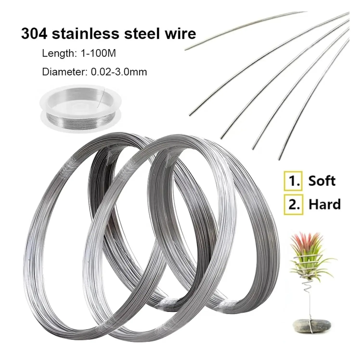 

304 Stainless Steel Hard Steel Wire Diameter 0.02-3mm Single Strand Lashing Hard Iron Wire Rust Prevention(0.15mm X 100M)