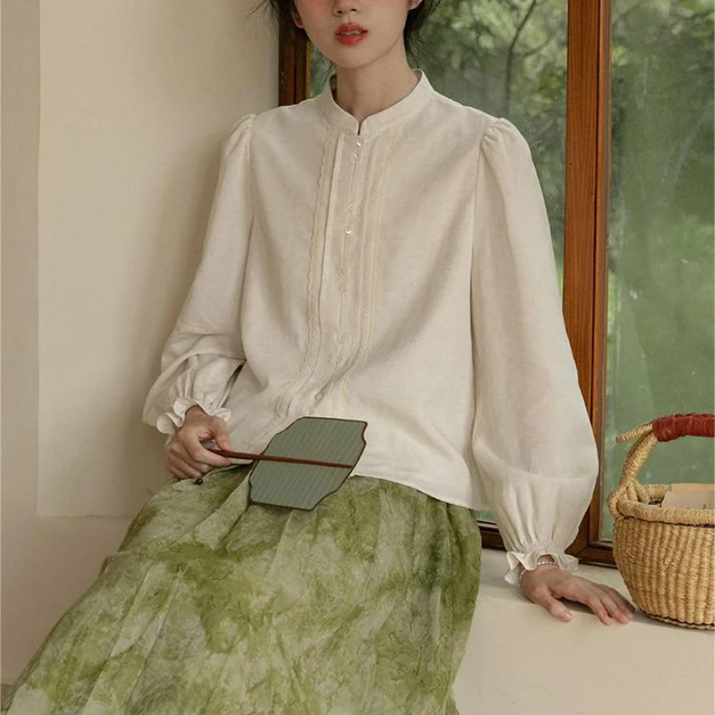 Hot Chinese Style Chi-pao Collar Design Button Tops New Year 2024 Spring Women Date Girls Elegant Retro Shirt Blouse Vintage