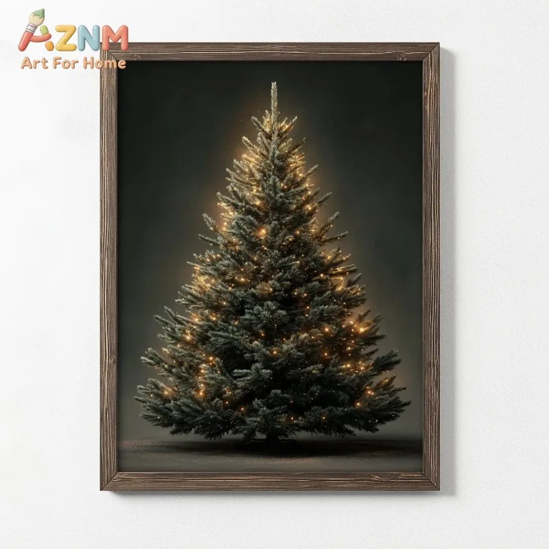 Christmas Tree Canvas Wall Art Green Pine Tree with Warm Golden Fairy Lights Print Minimal Xmas Home Unframed Canvas Poster