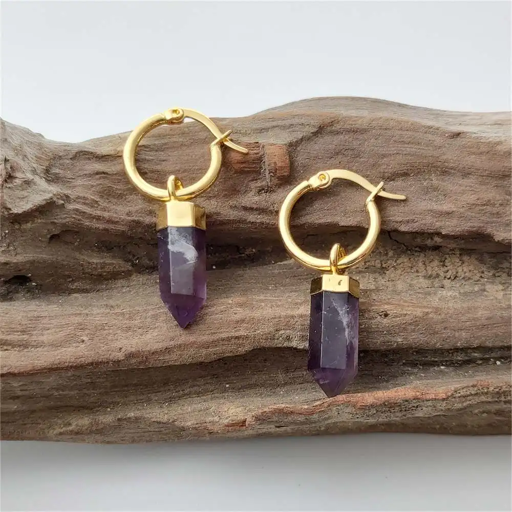 

FUWO Wholesale Natural Amethysts Point Earrings,Golden Plated Handmade Bullet Shape Purple Crystal Jewelry 5Pairs/Lot ER117