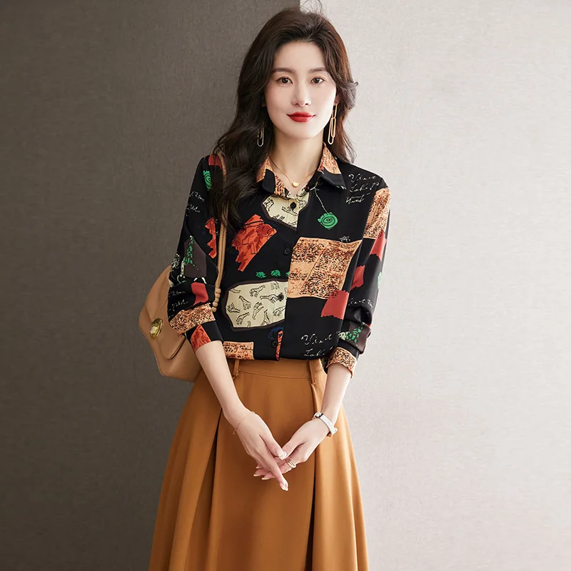 Blus sifon elegan untuk wanita, Atasan kemeja mode musim panas 2023 Chic jahitan sutra gaya Korea putih