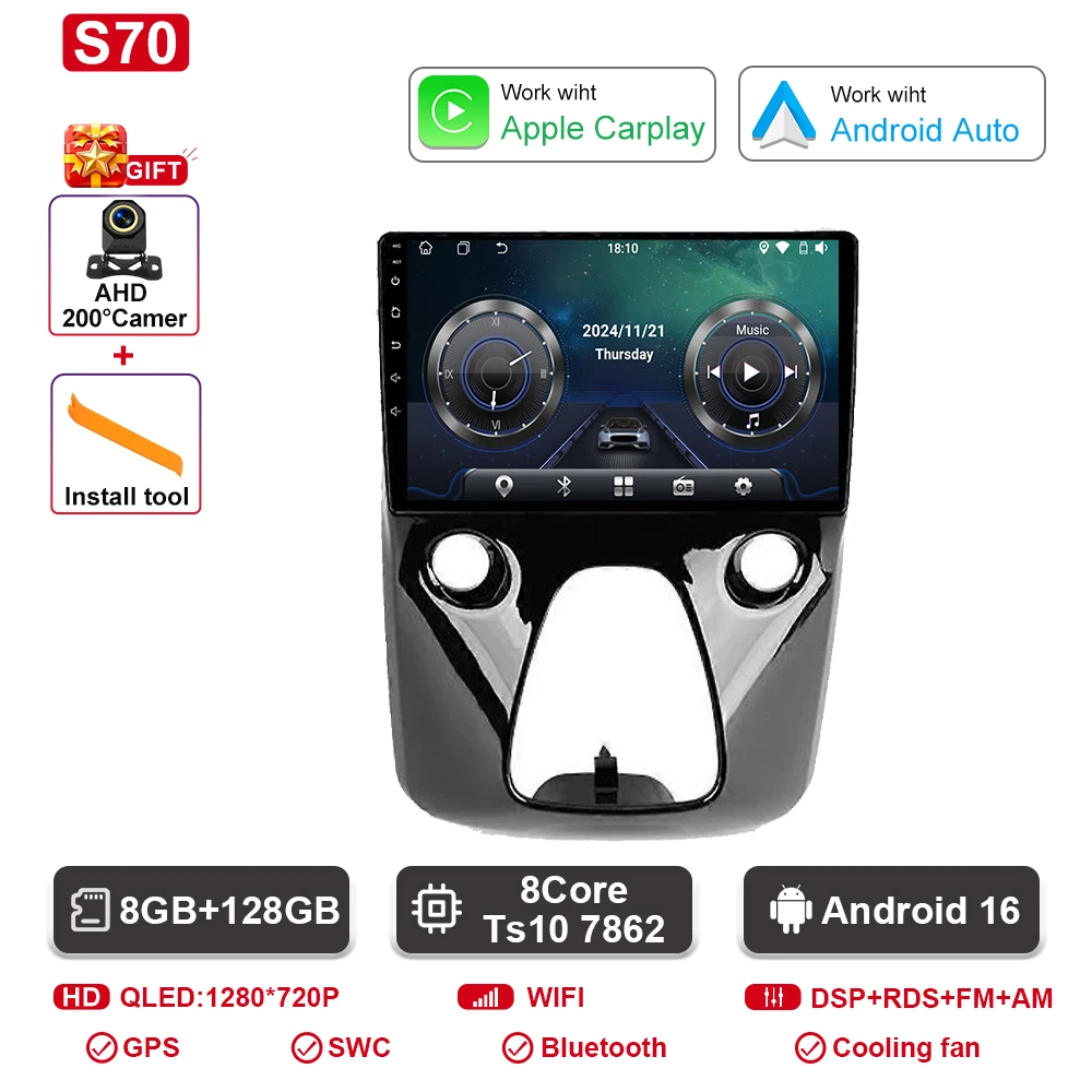 Autoradio Android navigatie GPS Android Auto stereo Carplay scherm No2 DIN DOM voor Toyota Aygo Peugeot 108 Citroen C1 2016-2020