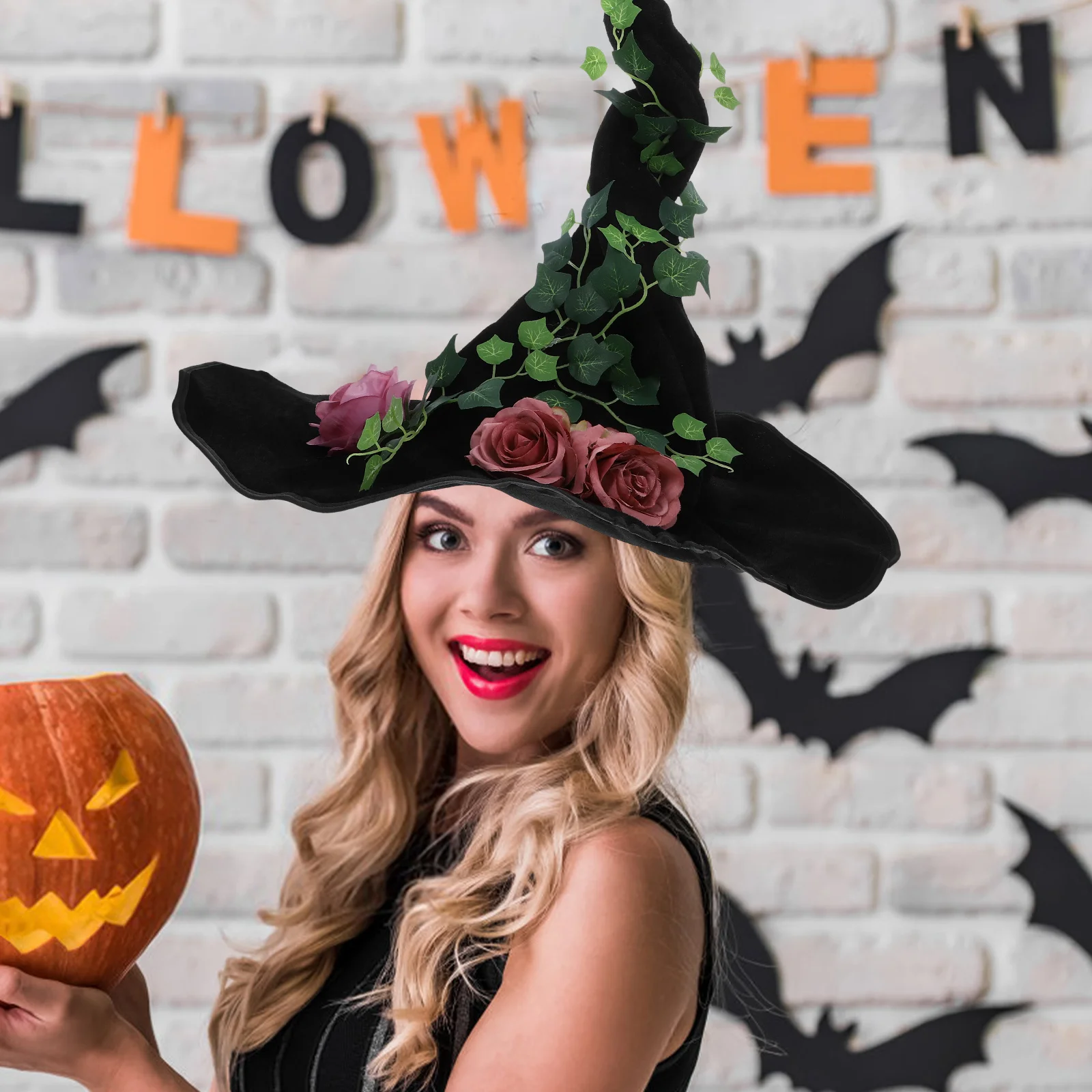 

Black Rose Witch Hat Halloween Women Witch Costume Gothic Flowers Climbing Vines Witches Hat Witches Hats Wizard Hats