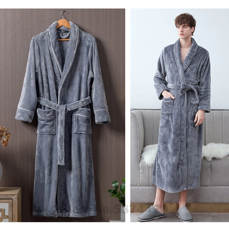 

Autumn Winter Flannel Nightwear Thickened Plush Couple Robe Bathrobe Women Sleepwear Men's Extended Large Coral Fleece Nightgown