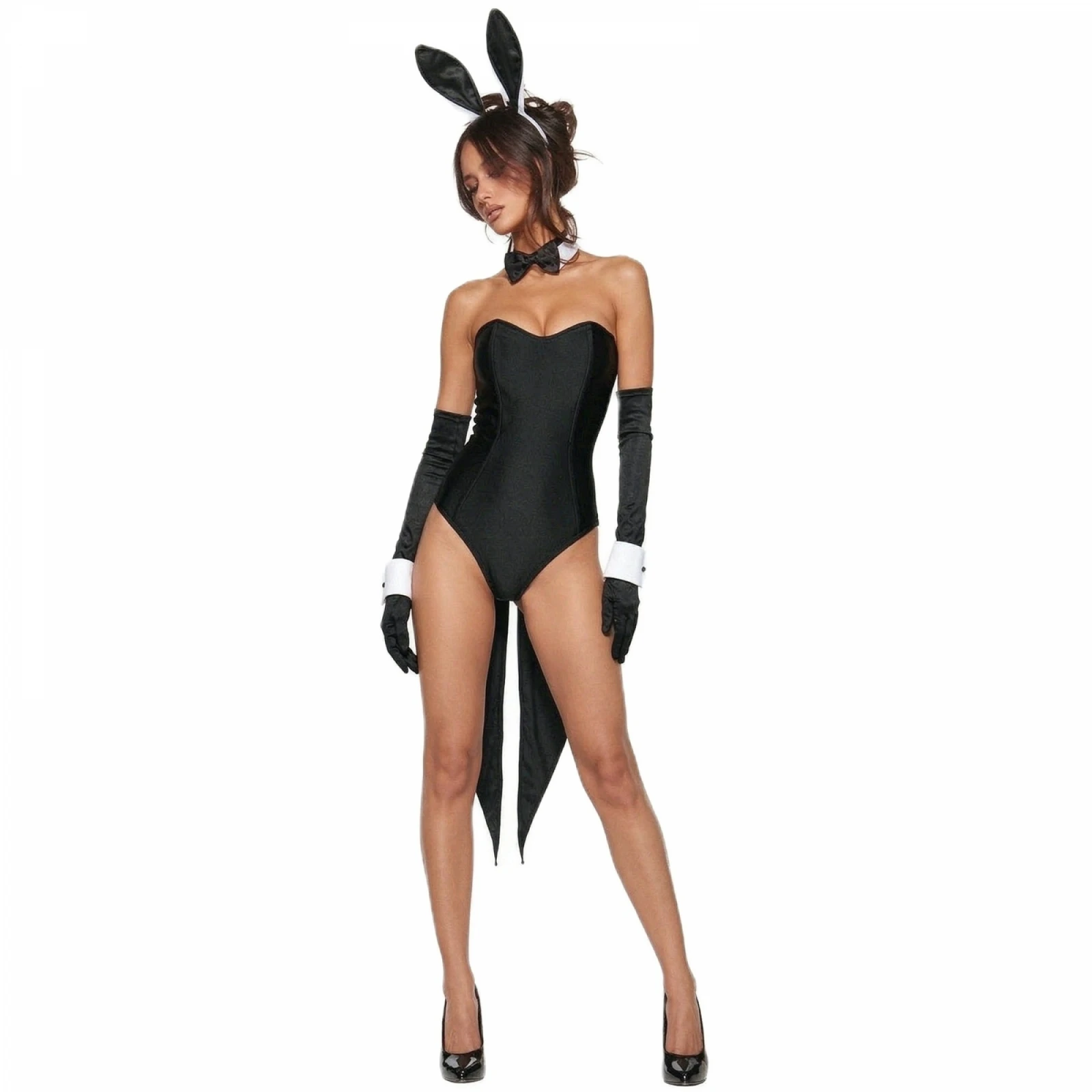 Women Bunny Girl Costume Lingerie Bodysuit Headband Choker Gloves Arm Cuffs