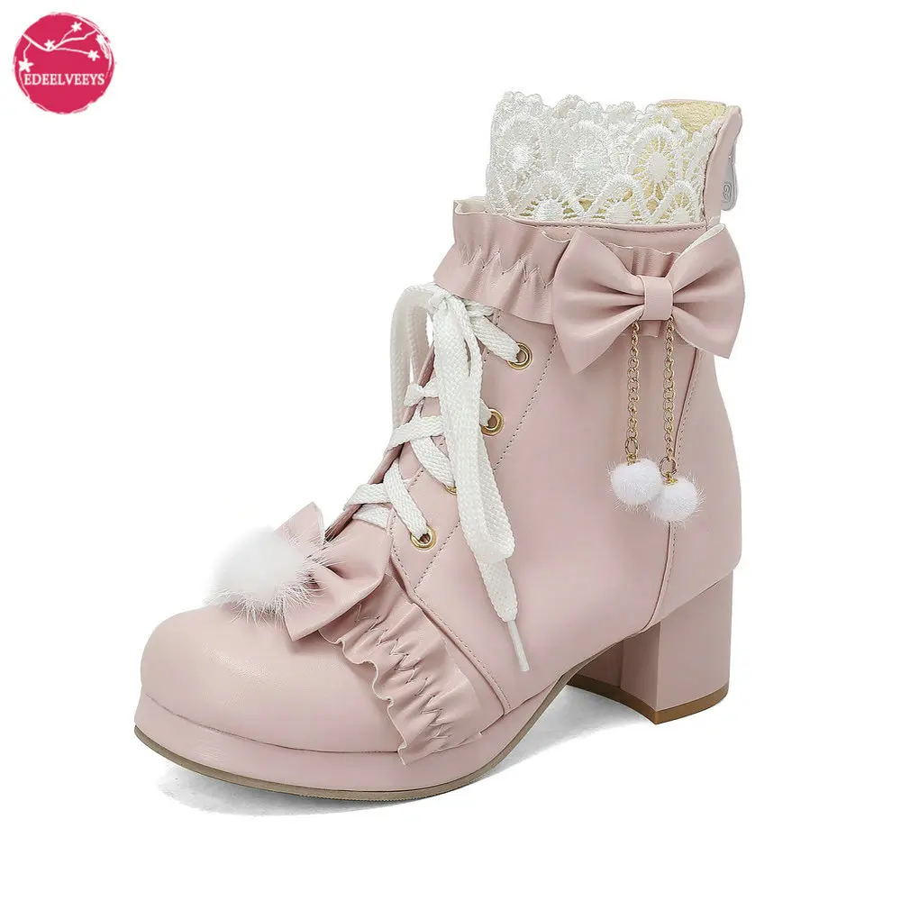 

Elegant Lace-Up Lolita Boots for Women, Victorian Style Ankle Boots with Ruffles, Bowknot and Faux Fur Pom-Poms Plus Size 31-48