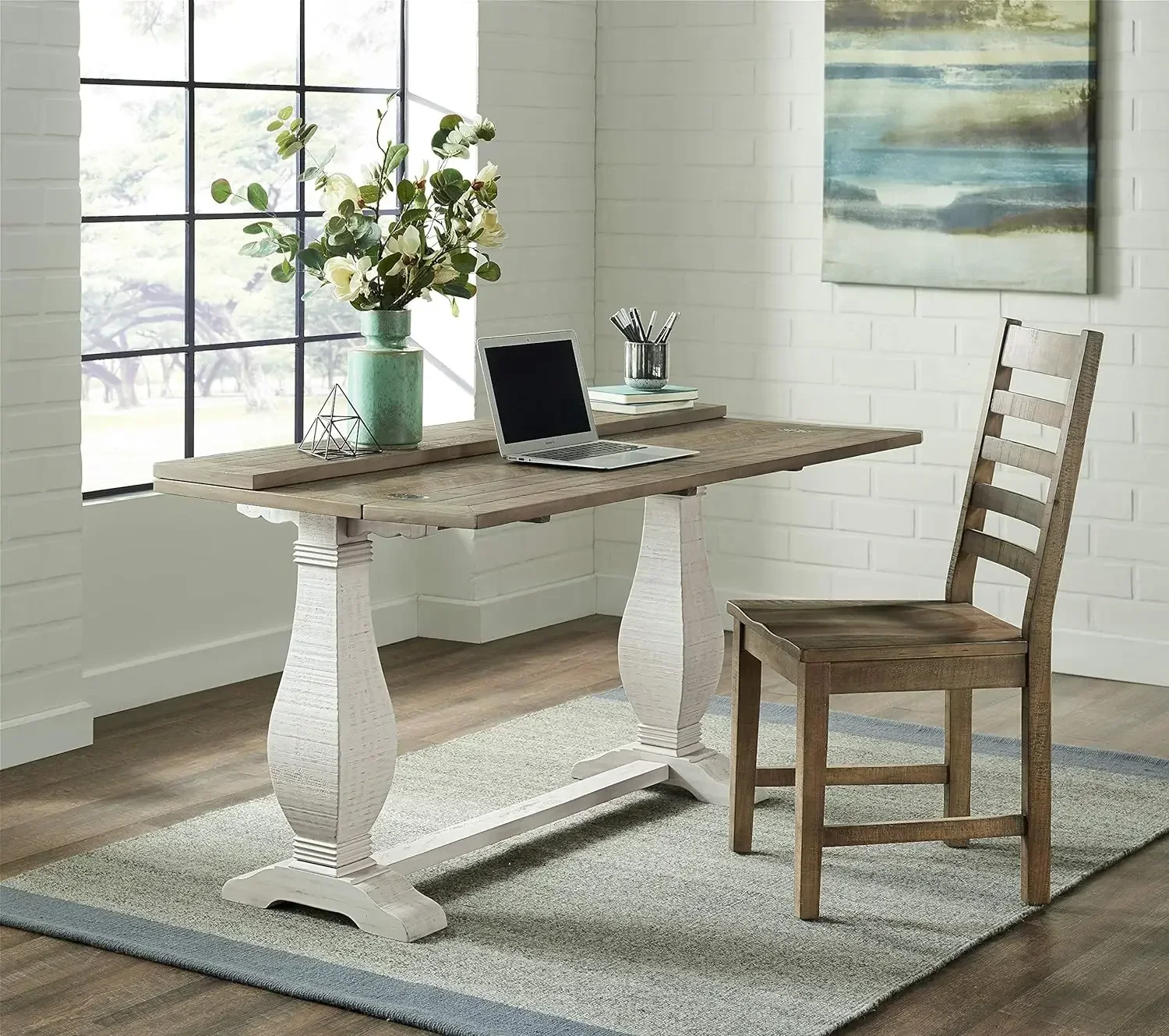 Flip Top Sofa Console Table, White Stain and Reclaimed Natural