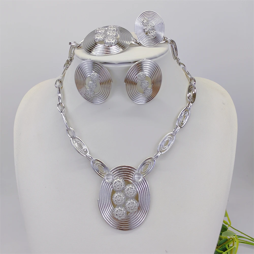 Special Unique Silvery Collar 4Pcs Jewelry Set Women Chunky Choker Necklace Earring Bracelet Ring Bridal Wedding Party Gifts