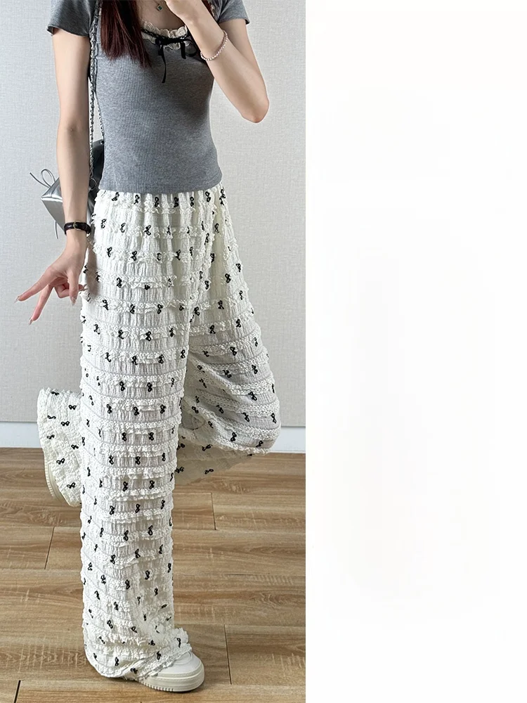 ホワイトノットワイドレッグパンツ女性の夏のアイスシルクハイウエストドレープカジュアルストレートレッグ痩身レース怠惰なストライプ...