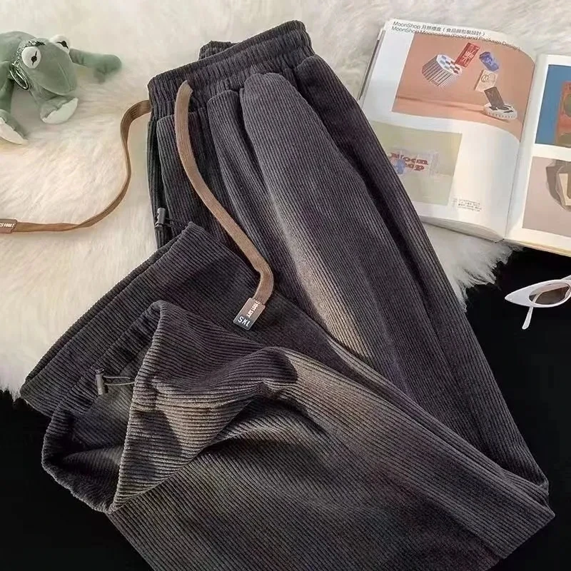 Autumn Fashion Women Corduroy Sweatpants Bf High Waist Drawcord Korean Solid Casual Wide Leg Pants Winter Warm Straight Trousers