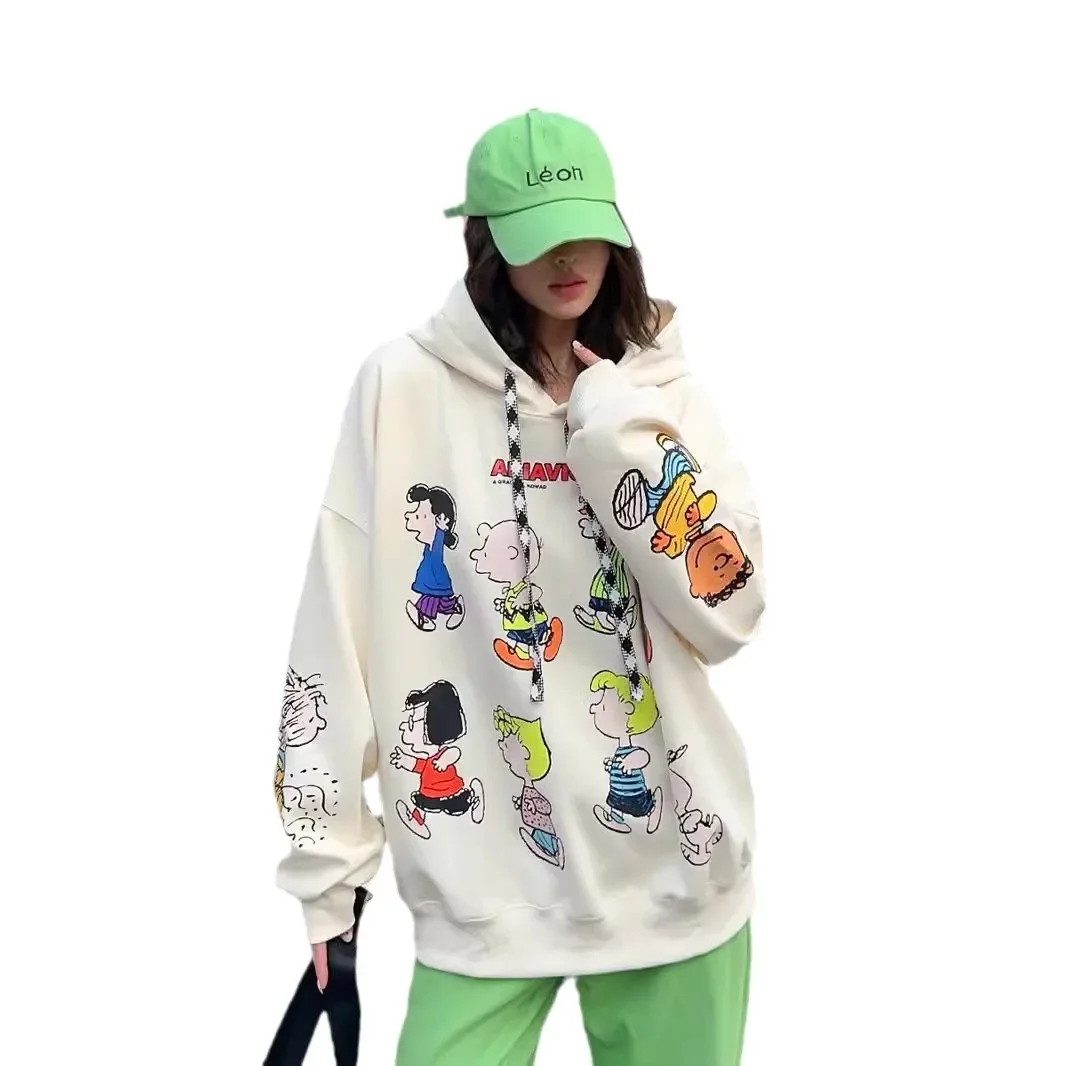 Oversized Graffiti Cartoon Print Hooded Sweatshirts Women 2024 New Spring and Autumn Mid Length Loose Casual Hoodie Coats