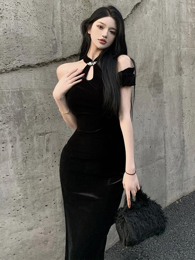 

Элегантное черное ципао с открытыми плечами для молодых женщин, сексуальное, традиционное китайское, длинное, с круглым вырезом, коротким рукавом, для повседневной носки