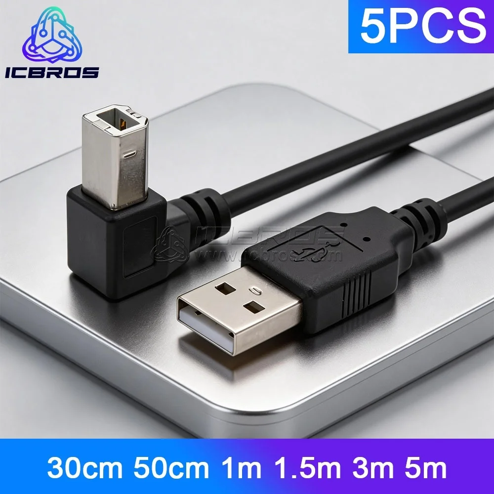 5pcs 2.0 Printing Cable 90 Degree Elbow USB Square Port Printer Data Left Right Elbows Fully Copper Shielded 30cm 50cm 1m