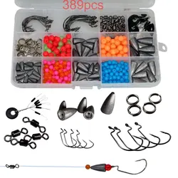 THKFISH 389pcs Fishing Carolina Texas Rig Accessories DIY Set Freshwater Fishing Lead Sinkers Swivels Beads Offset Hooks Kit
