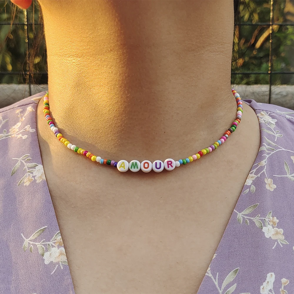 ZX Boho Handmade Colorful Beaded Chain Chokers for Women Letter Baby Love Angel Beads DIY Short Necklace Wholesale Jewelry Gifts