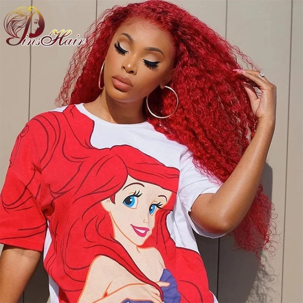 

Hot Red Kinky Straight 13x4 Lace Frontal Wigs Human Hair Wig Pre Plucked Brazilian Deep Curly Wave Lace Front Wig with Baby Hair