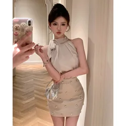 Temperament Fashion Satin Neck Hanging Lace Up Vest Skirt Two-piece Set Women Diamond Shirring Sleeveless Slim Summer Chic Wear