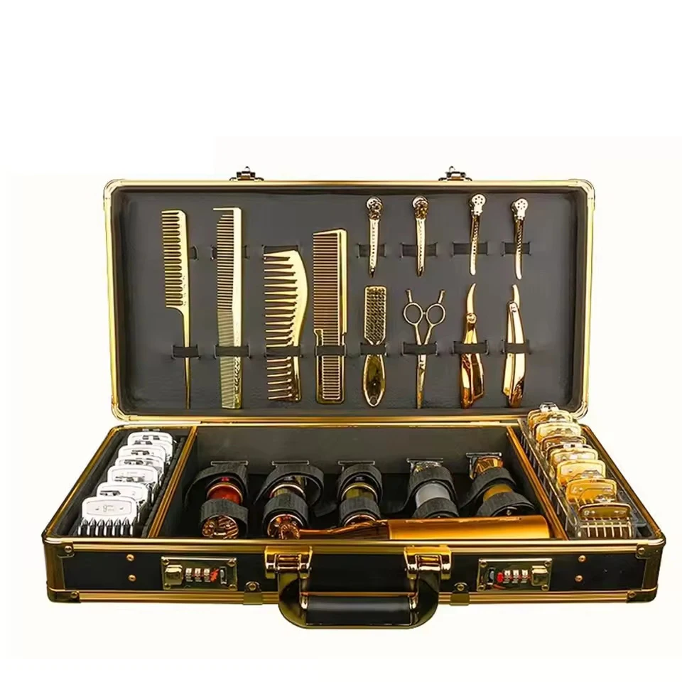 

Золотой алюминиевый чемодан для хранения парикмахерских инструментов, профессиональный большой вместительный косметический ящик для путешествий, ящик для инструментов