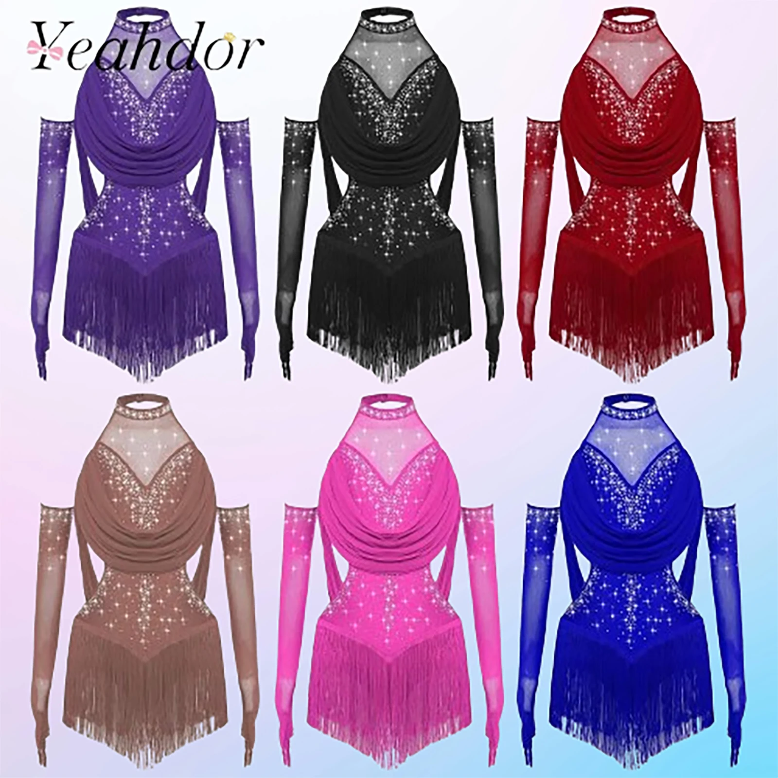 

Kids Girls Fringed Bodysuit Tassel Leotard Tango Chacha Classical Latin Dance Costume Children Ruched Drapes Cutout Jumpsuit