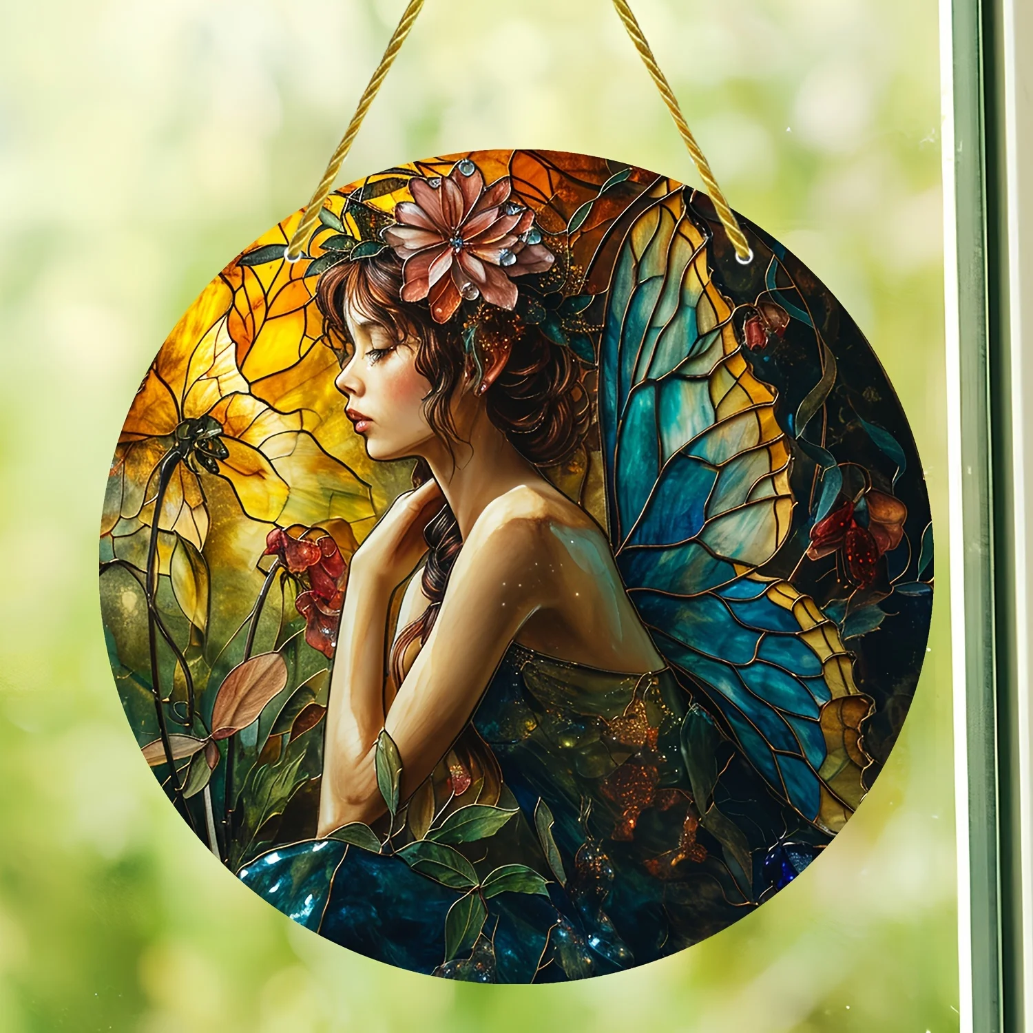 Stunning fairy vintage stained glass style window hanging,sun catcher,sun shade,gift for family,acrylic round wreath sign,garden