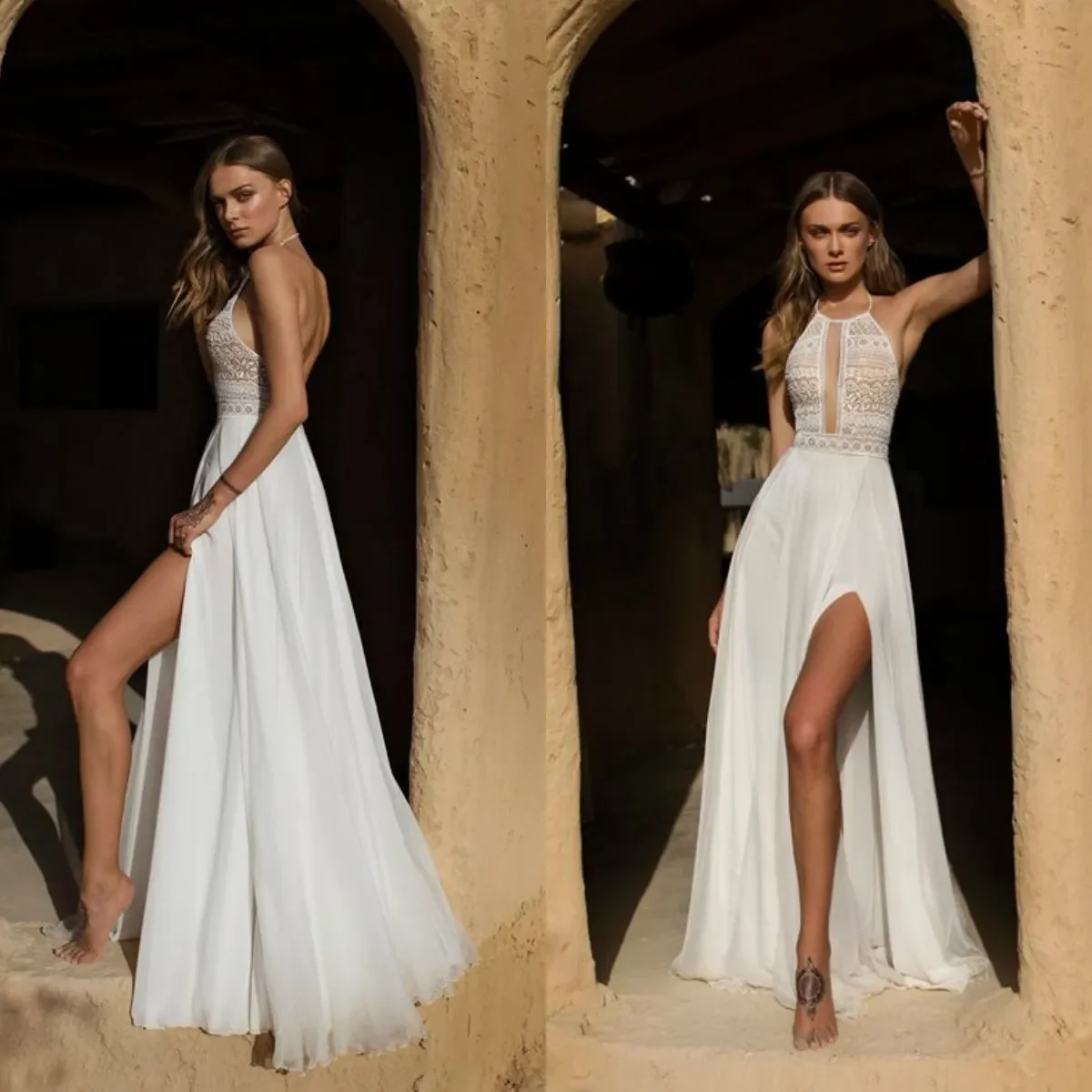 Robe de mariée dos nu à la mode Boho, robe fendue à col licou, une ligne sexy, fête des patients de plage, quelle que soit la robe de mariée