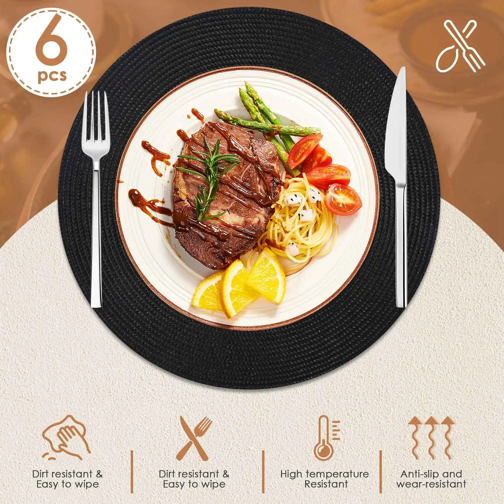 ABEZZ Round Braided Placemats Set of 6 Table Mats for Dining Tables Woven Washable Non-Slip Place Mats 15 Inch Halloween Black