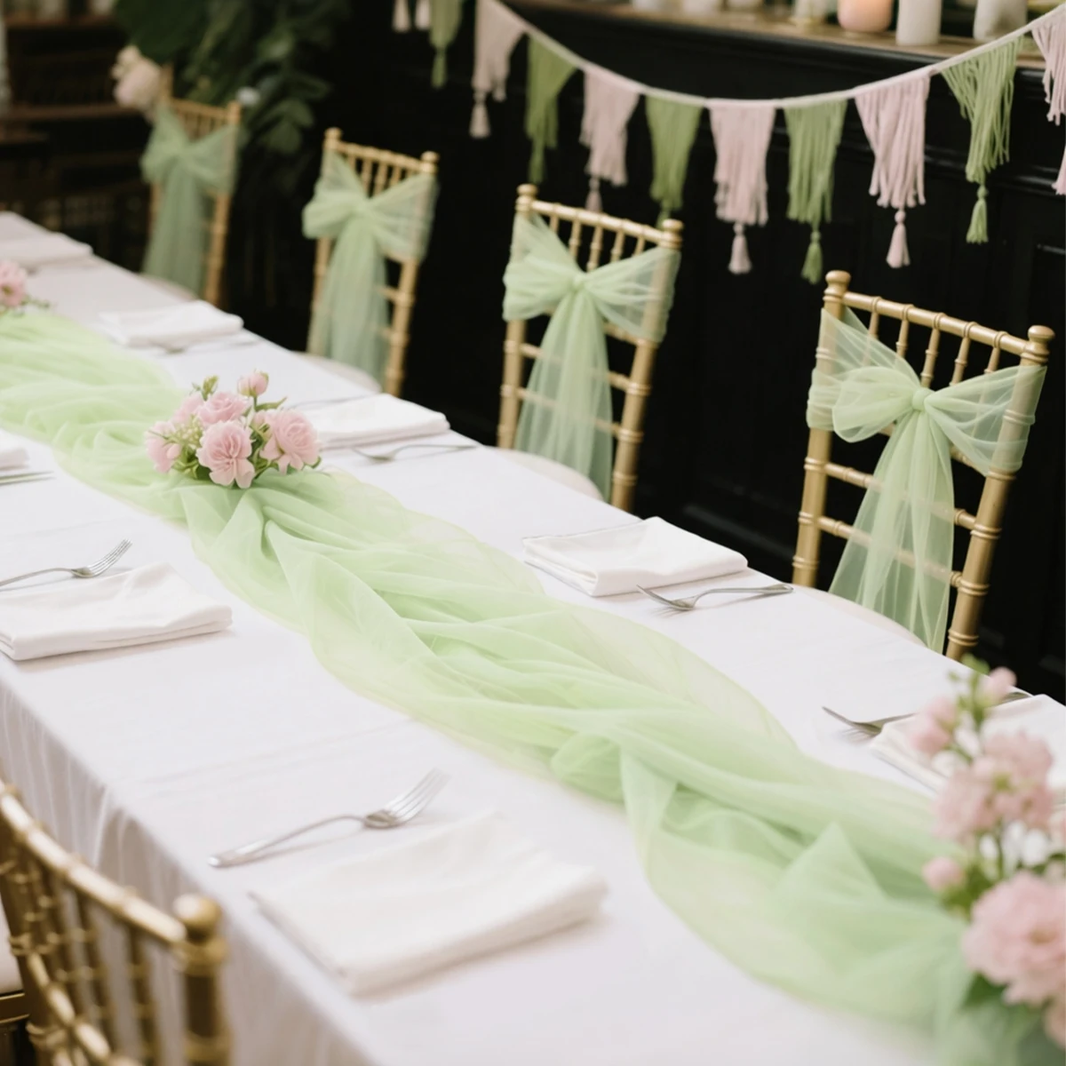 Semi-Sheer Gauze Table Runner Green Table Setting Dining Vintage Wedding Decoration Banquets Arches Retro Baby Shower Supplies