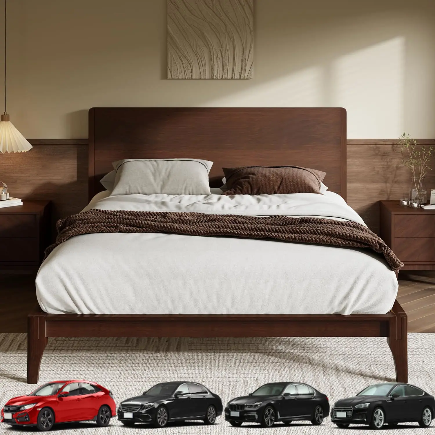 

Кровать Merax King Size с бамбуковой платформой, современный каркас кровати середины века с высоким изголовьем, опора из деревянных планок, пружина коробки не требуется,