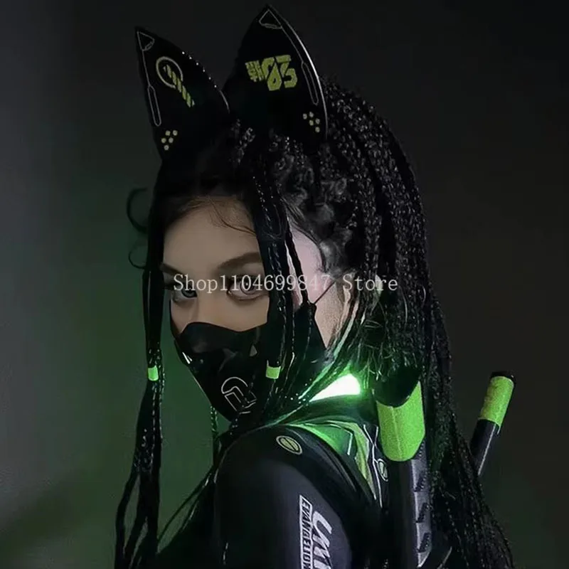 Cyberpunk Mask Mecha Mechanical Cat Ears Headband Cosplay Masks Helmet Women Men Halloween Carnival Music Festival Accessories
