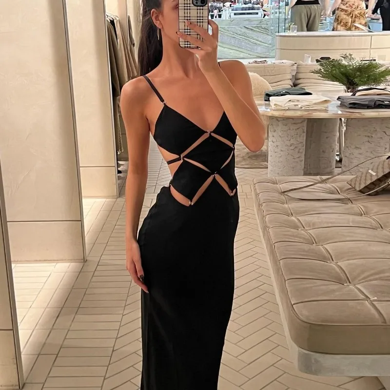 Putao sexy Hohlring Ballkleid schwarz lässig elastisch lange Maxi Party Abendkleid Riemen Roben plus Größe Rock