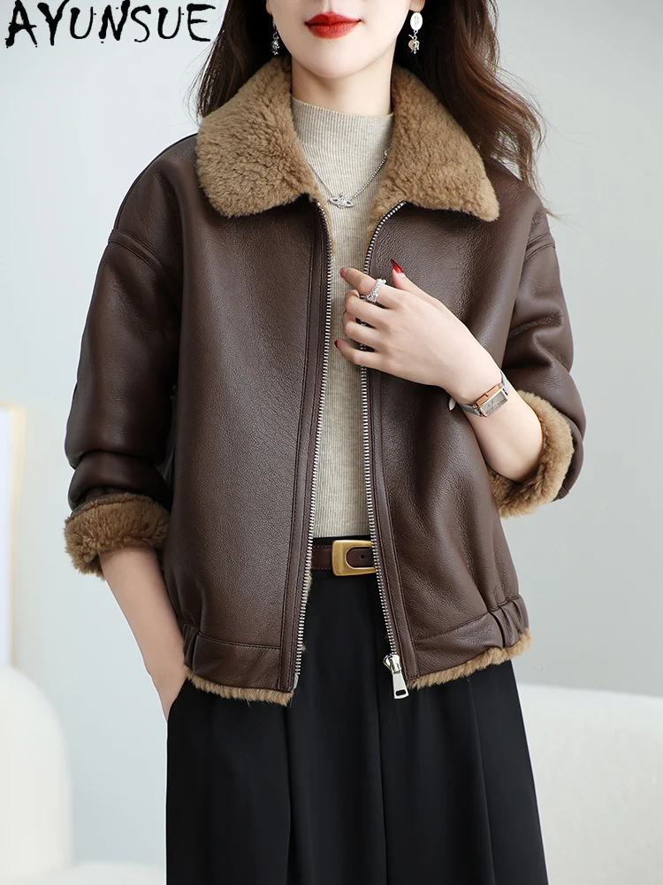 

AYUNSUE 100% Wool Coat Women 2025 Motocycle Jacket Autumn Winter Clothing Female Fur Integrated Пальто Женское New in Coats