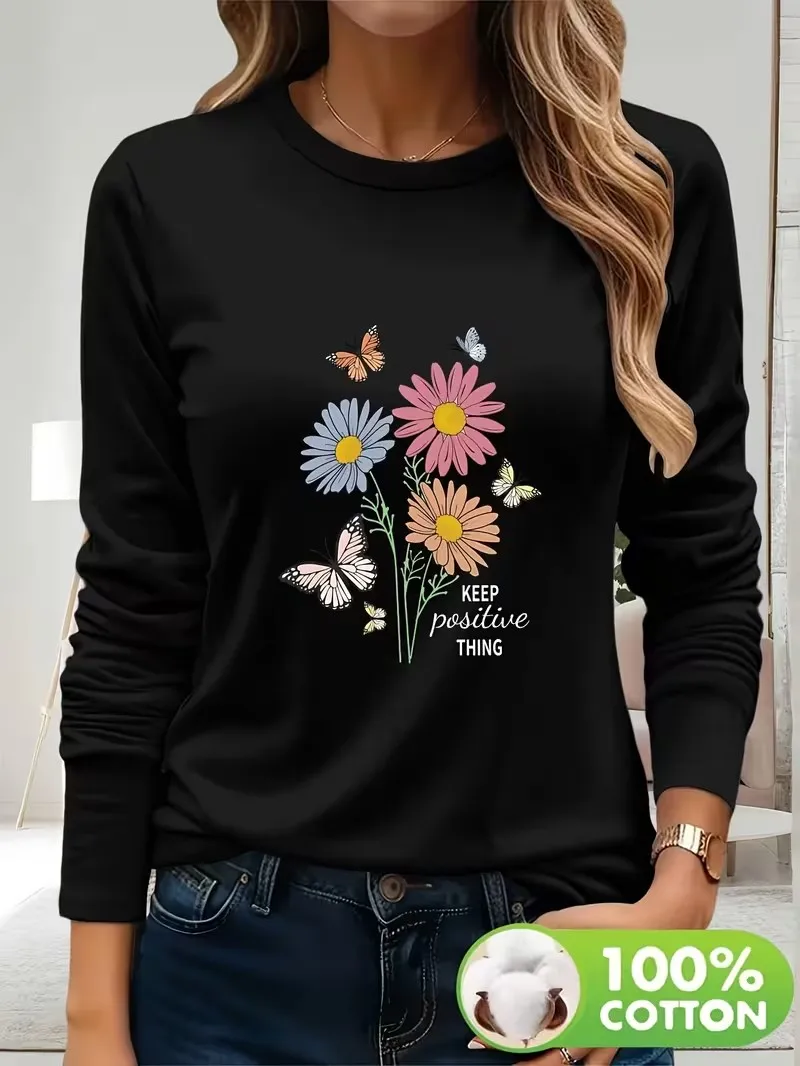 Casual Motivational Flower Butterfly Print 100% Cotton Long Sleeve T-Shirt Graphic Casual Round Neck Women'S Top Tee Fall Winter
