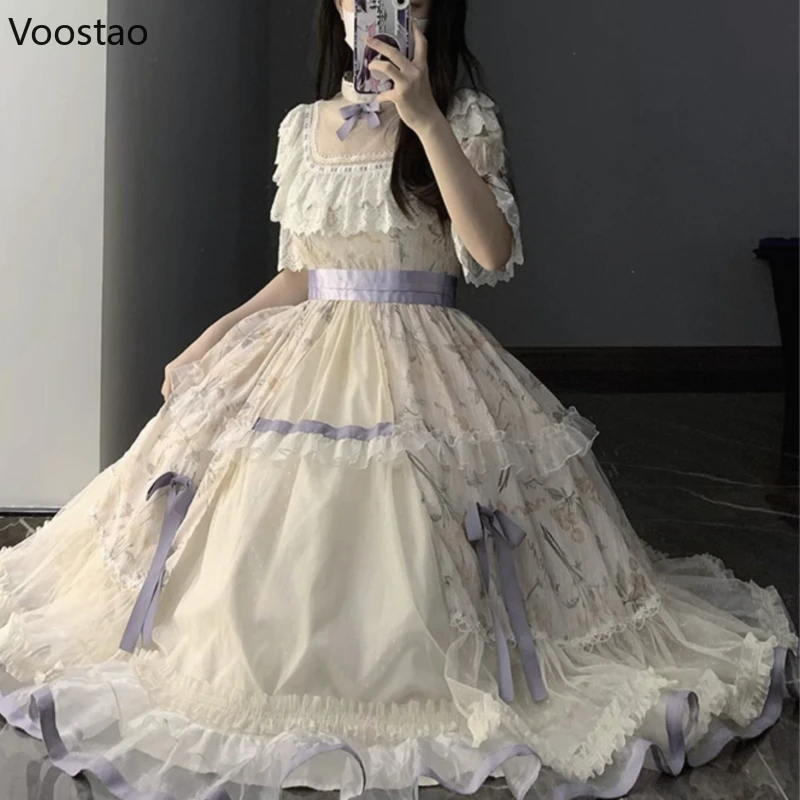 Japanese Sweet Lolita Princess OP Dress Women Victorian Vintage Wedding Party Dresses Girls Elegant Lace Fairy Floral Dresses