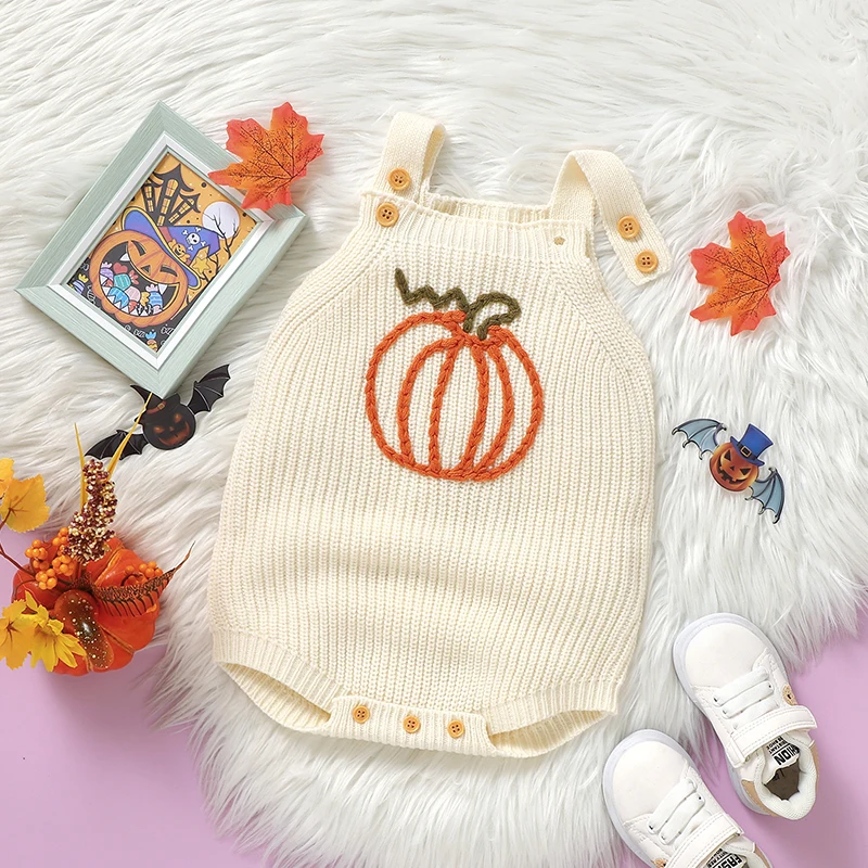 

Winter Halloween Pumpkin Knit Baby Bodysuits Clothes Newborn Infant Kids Boys Girls Strap Onesie 0-18m One Piece Children Outfit