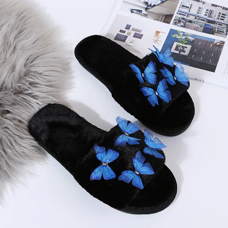 

Cute Butterfly Design Slippers Warm Fleece Lining Women's Cotton Home Slippers