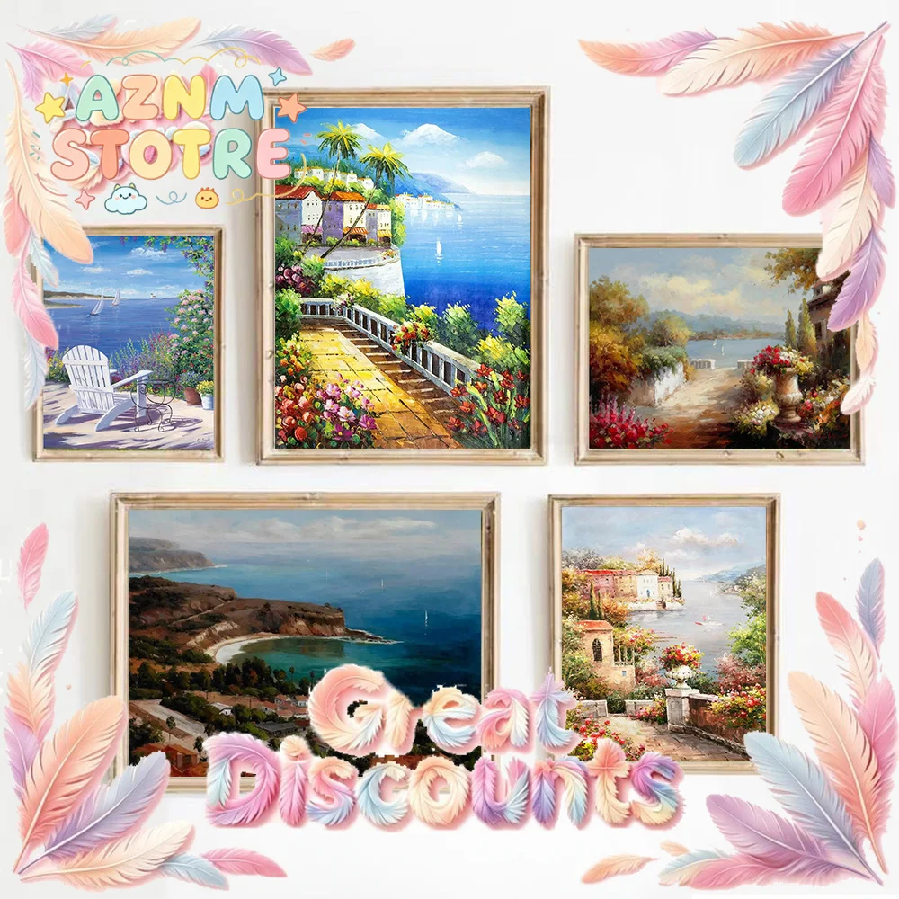 Garden Town Seaside Landscape Canvas Painting Modern Wall Picture for Living Room Home Decor Wall Art No Frame